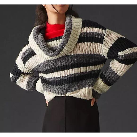 Anthropologie black, gray & cream striped knit turtleneck cropped sweater XS NWT - Picture 1 of 13